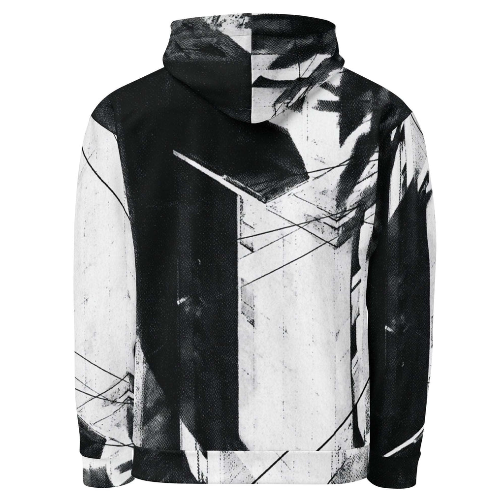 A pullover hoodie with a bold black and white abstract geometric print, shown from the back against a plain white background.