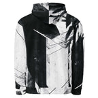 A pullover hoodie with a bold black and white abstract geometric print, shown from the back against a plain white background.