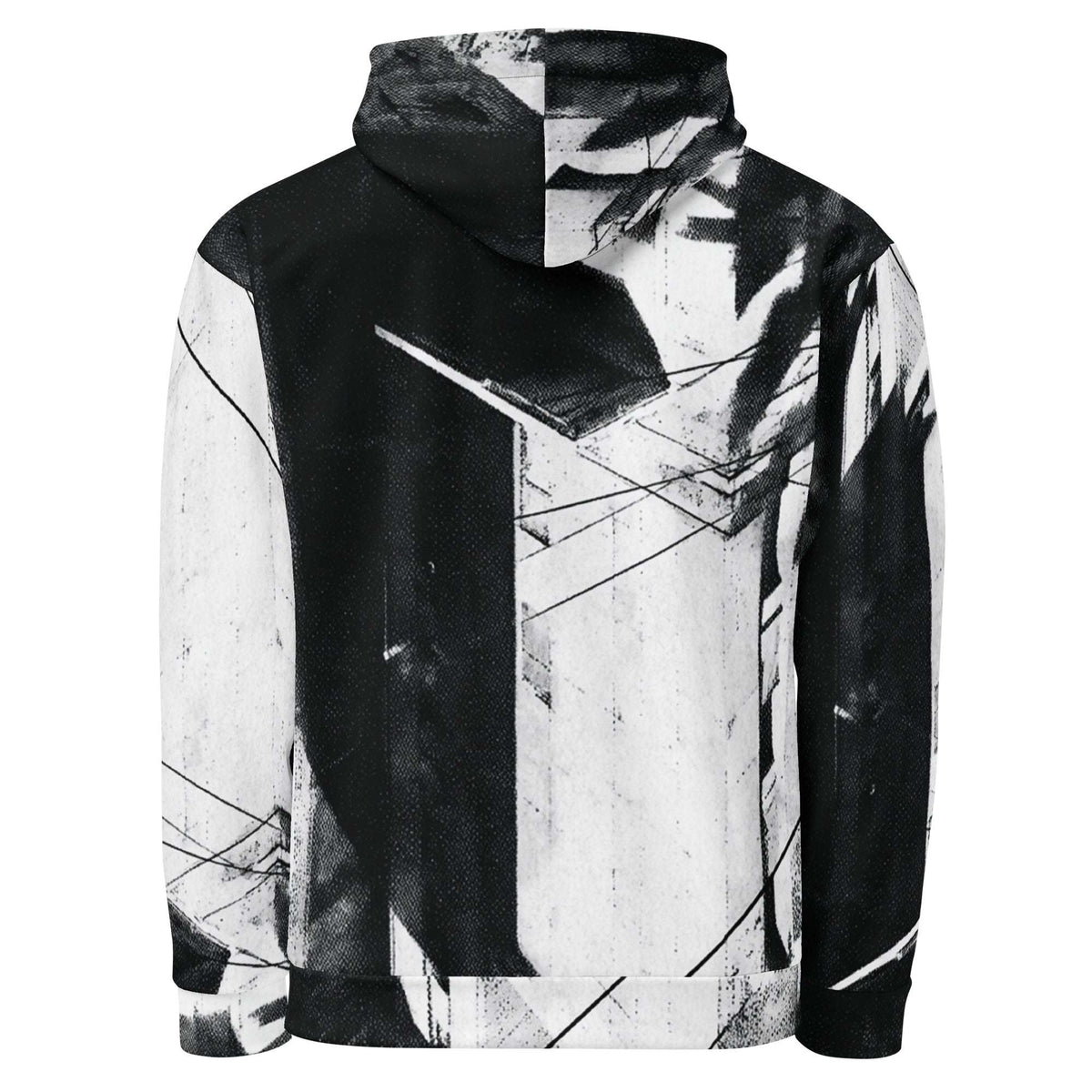A pullover hoodie with a bold black and white abstract geometric print, shown from the back against a plain white background.