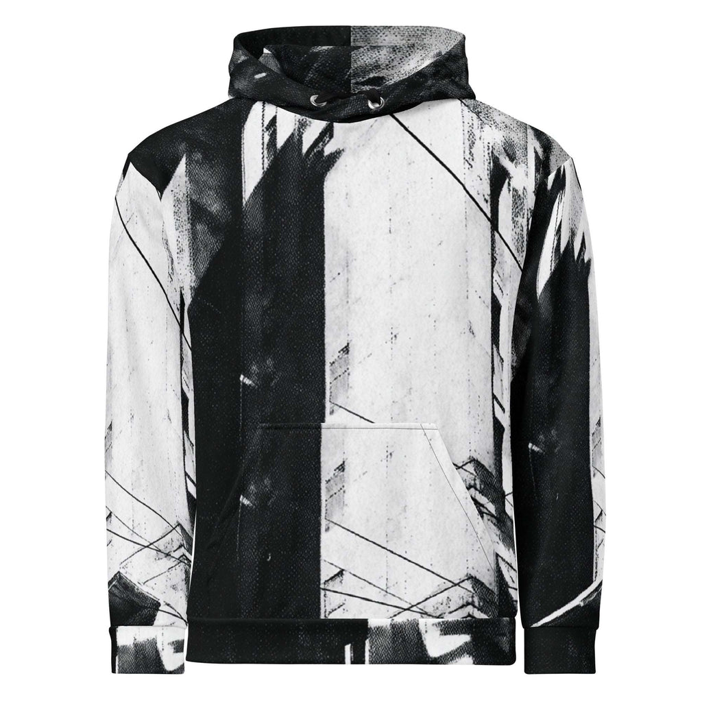 A black and white abstract print pullover hoodie with a kangaroo pocket and drawstring hood, shown on a plain white background.