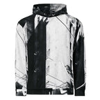 A black and white abstract print pullover hoodie with a kangaroo pocket and drawstring hood, shown on a plain white background.