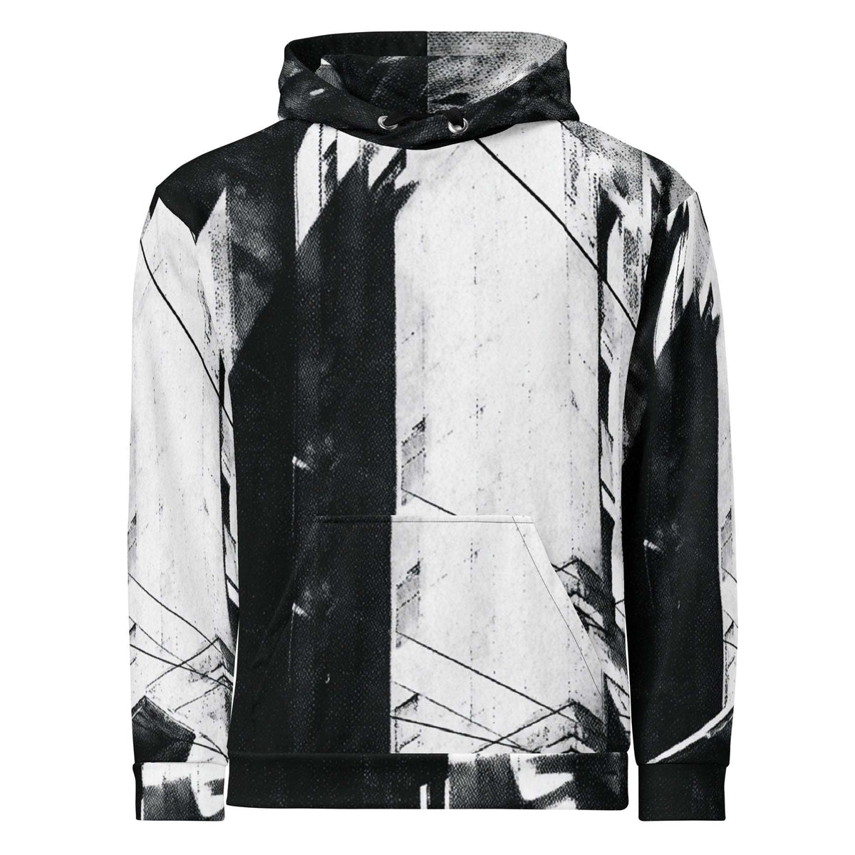A black and white abstract print pullover hoodie with a kangaroo pocket and drawstring hood, shown on a plain white background.