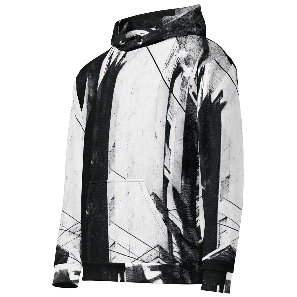 A black and white abstract art print hoodie with a high collar and kangaroo pocket, shown on a plain white background.