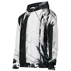 A black and white abstract art print hoodie with a high collar and kangaroo pocket, shown on a plain white background.