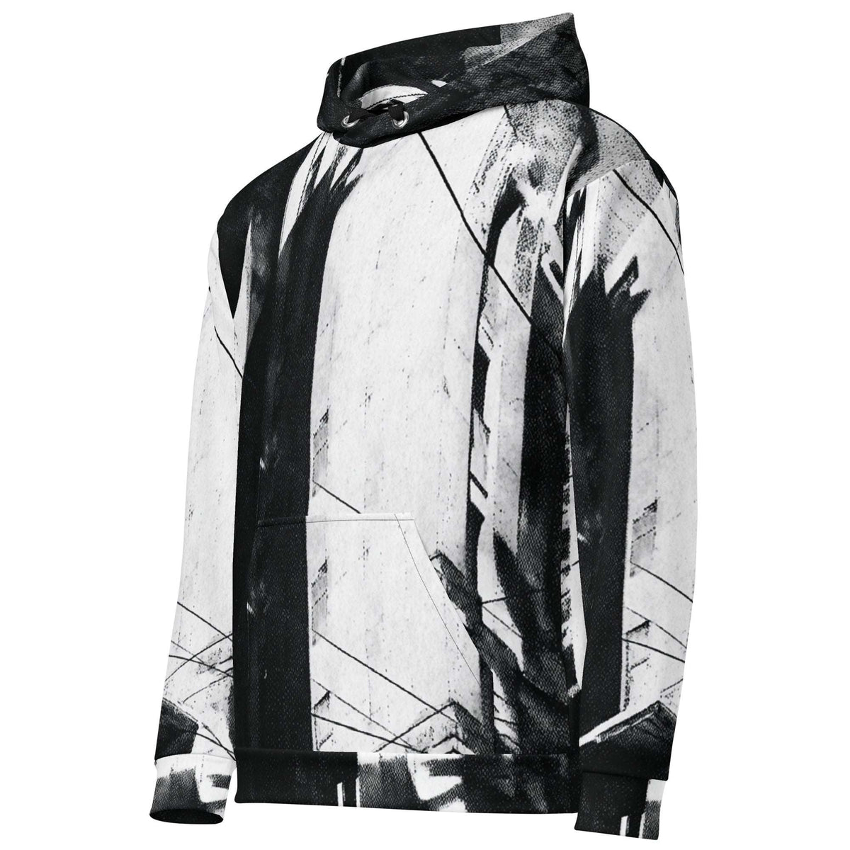 A black and white abstract art print hoodie with a high collar and kangaroo pocket, shown on a plain white background.