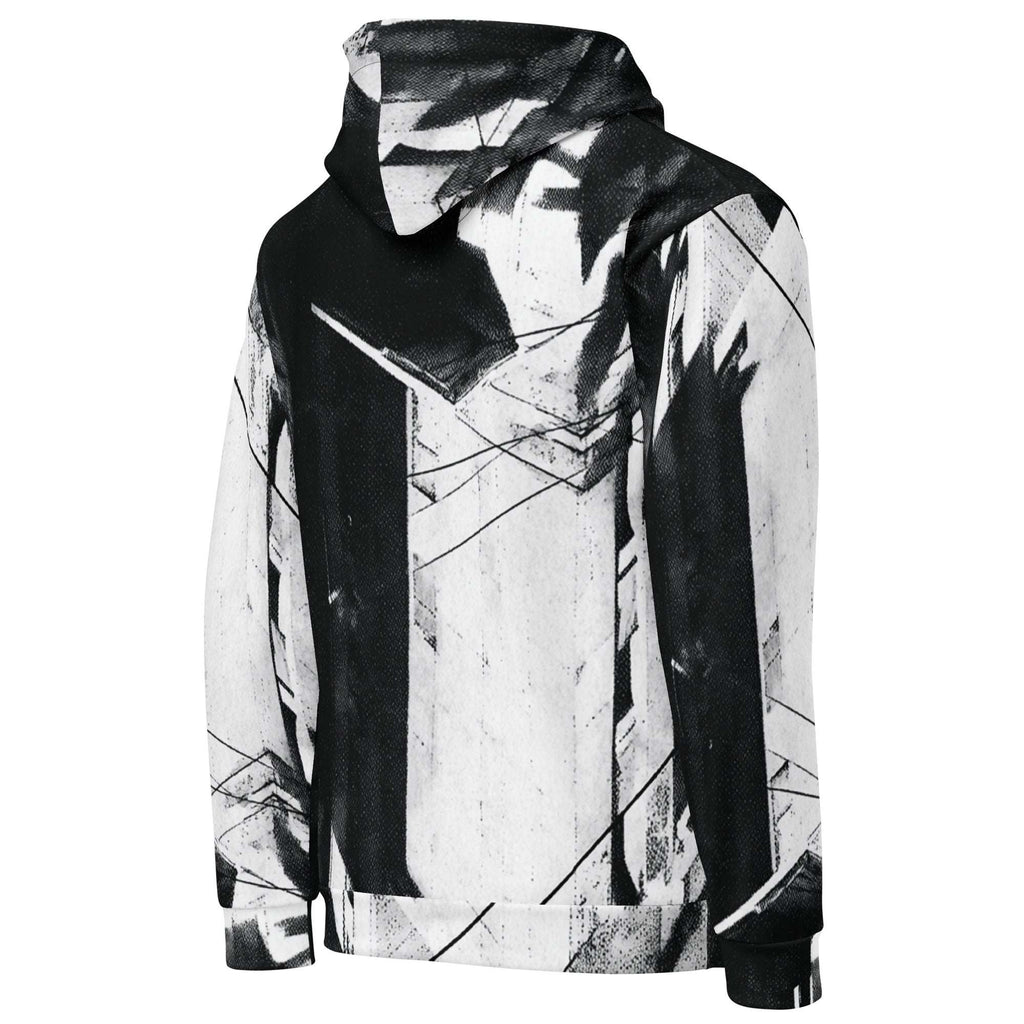 A black and white abstract geometric print hoodie with a high collar, shown on a plain white background.