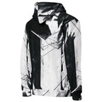 A black and white abstract geometric print hoodie with a high collar, shown on a plain white background.