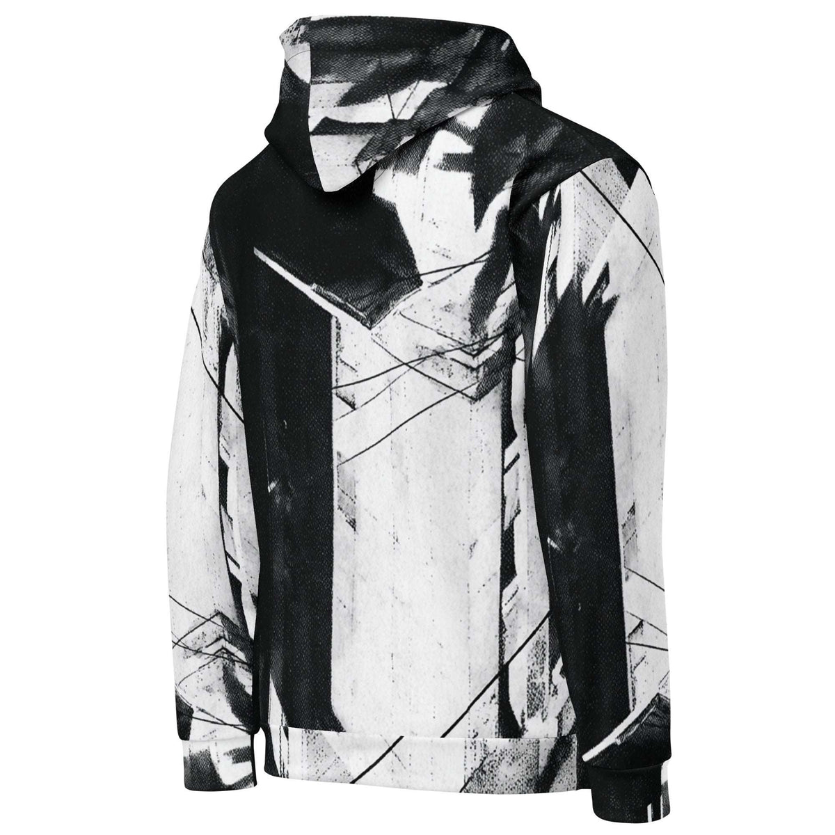 A black and white abstract geometric print hoodie with a high collar, shown on a plain white background.