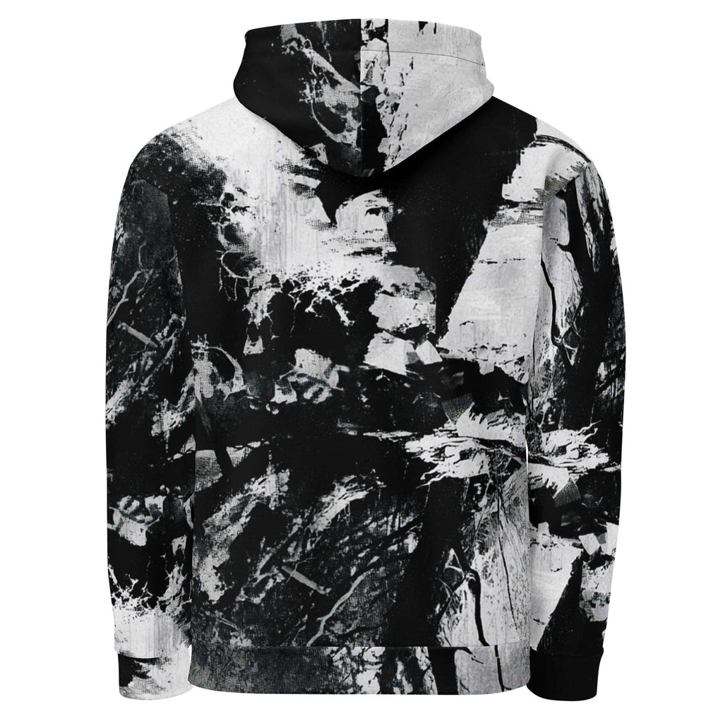 A black and white hooded sweatshirt with an abstract, high-contrast graffiti-style print, shown from the back on a plain white background.