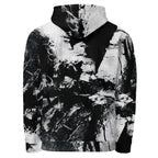 A black and white hooded sweatshirt with an abstract, high-contrast graffiti-style print, shown from the back on a plain white background.