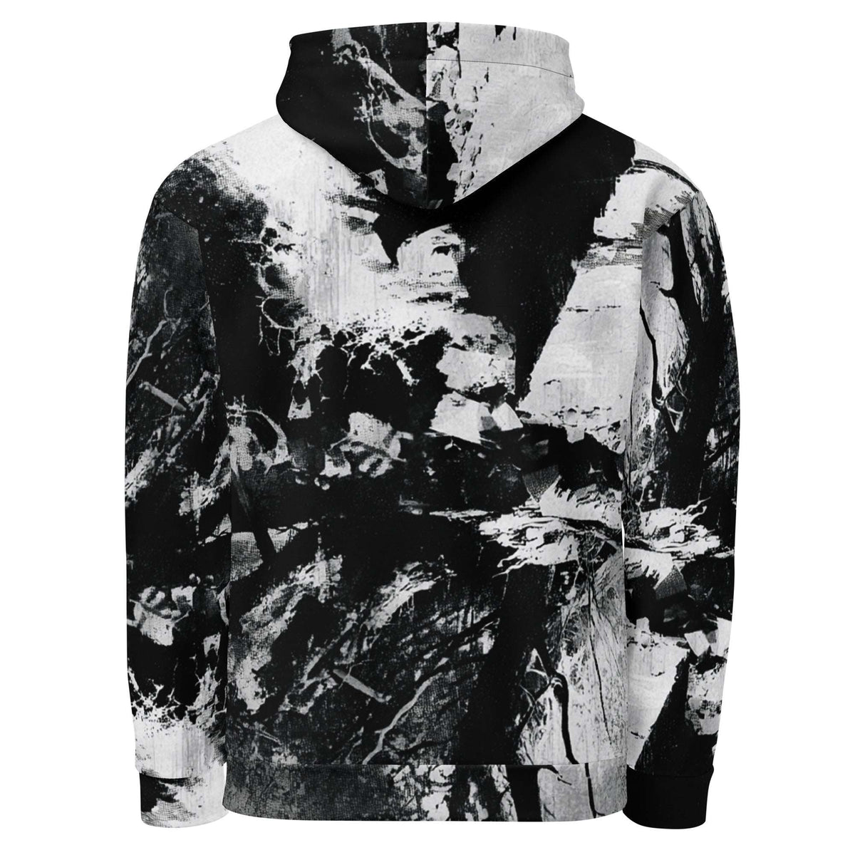 A black and white hooded sweatshirt with an abstract, high-contrast graffiti-style print, shown from the back on a plain white background.