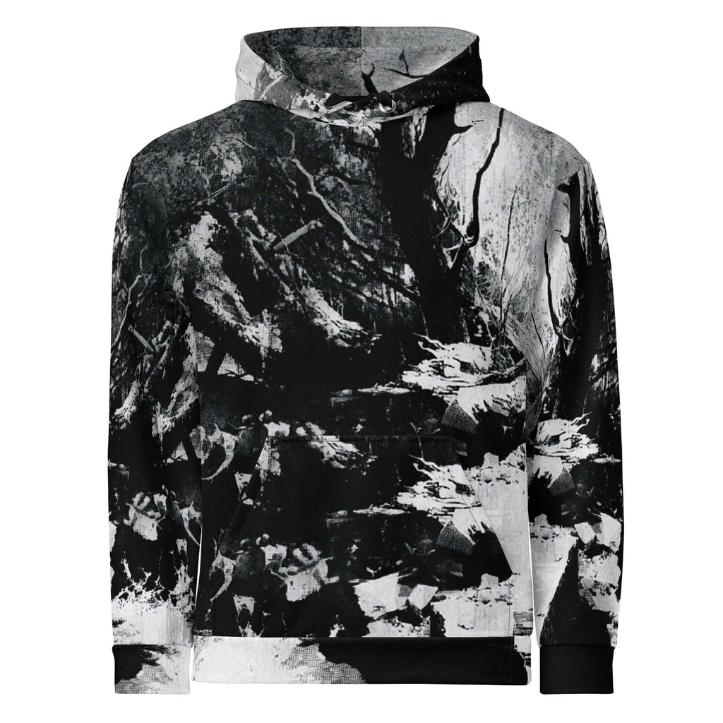 A long-sleeve pullover hoodie featuring an all-over abstract black and white print resembling tree bark, branches, and textured splatters, shown against a plain white background.