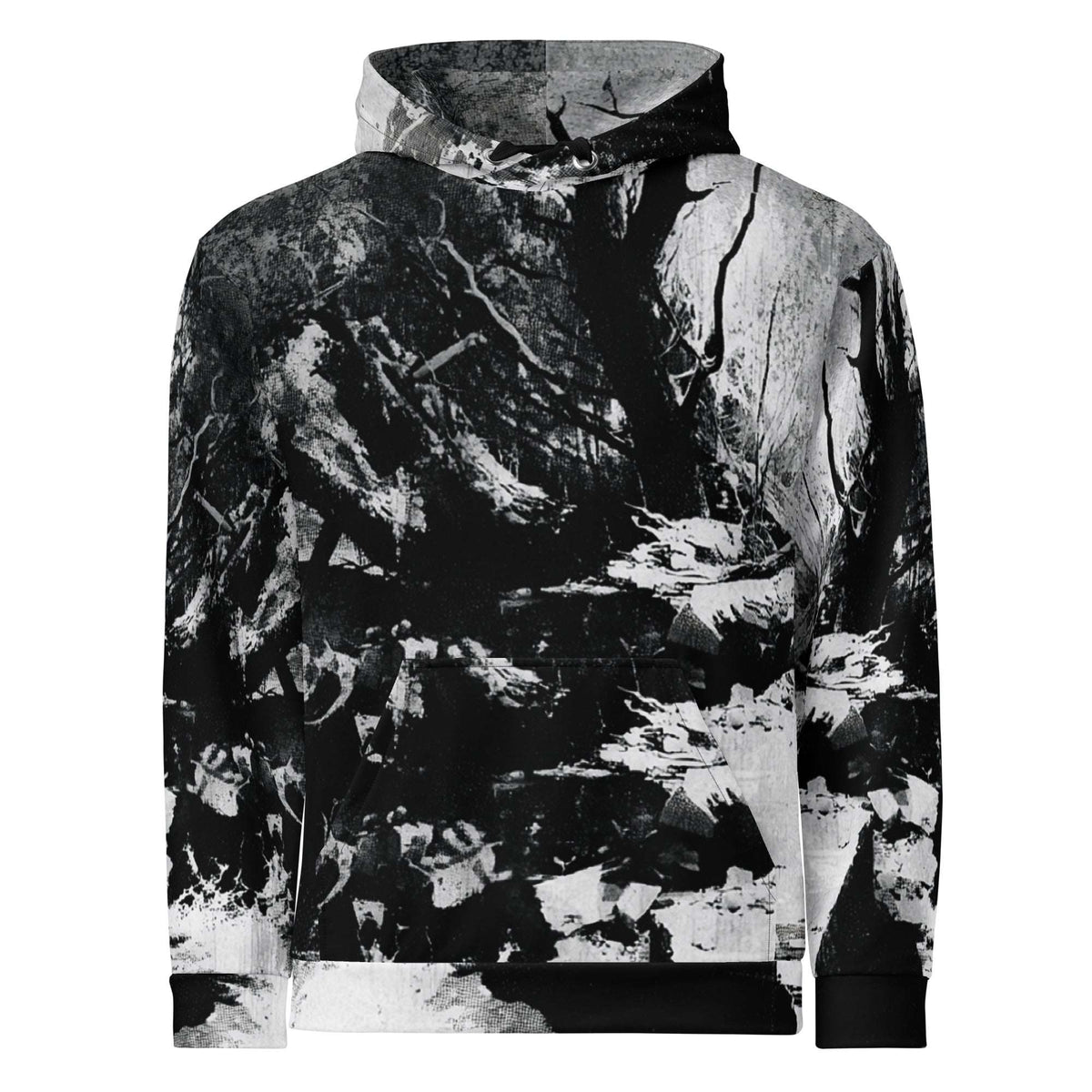 A long-sleeve pullover hoodie featuring an all-over abstract black and white print resembling tree bark, branches, and textured splatters, shown against a plain white background.