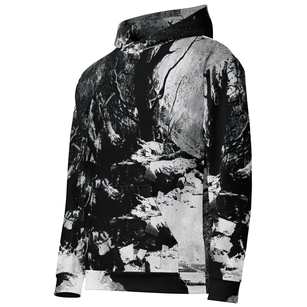 A black and white hooded sweatshirt featuring an all-over abstract rock or stone texture print, shown on a plain white background.