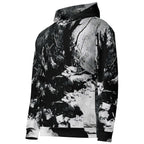 A black and white hooded sweatshirt featuring an all-over abstract rock or stone texture print, shown on a plain white background.