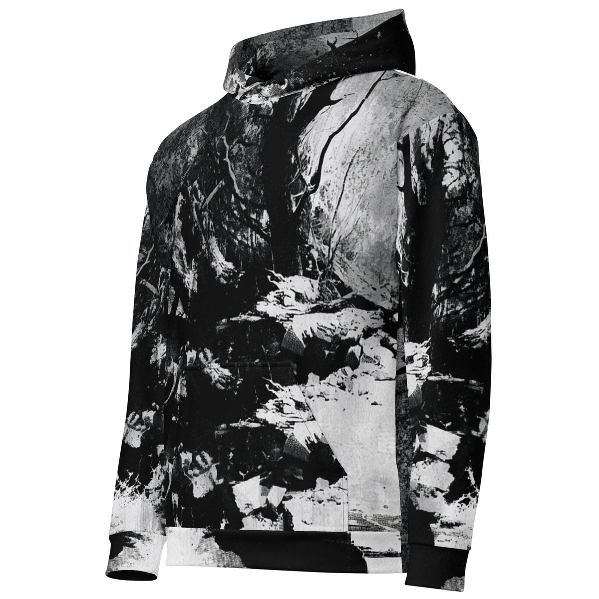 A black and white hooded sweatshirt featuring an all-over abstract rock or stone texture print, shown on a plain white background.