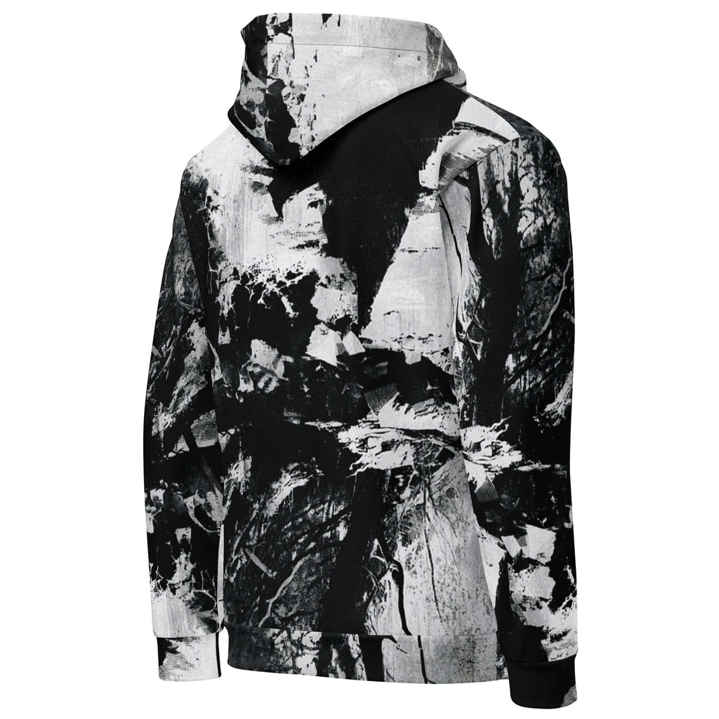 A long-sleeve hooded sweatshirt with a black and white abstract bark or wood-grain print, shown from the back on a white background.