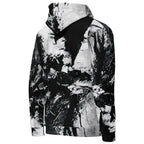 A long-sleeve hooded sweatshirt with a black and white abstract bark or wood-grain print, shown from the back on a white background.