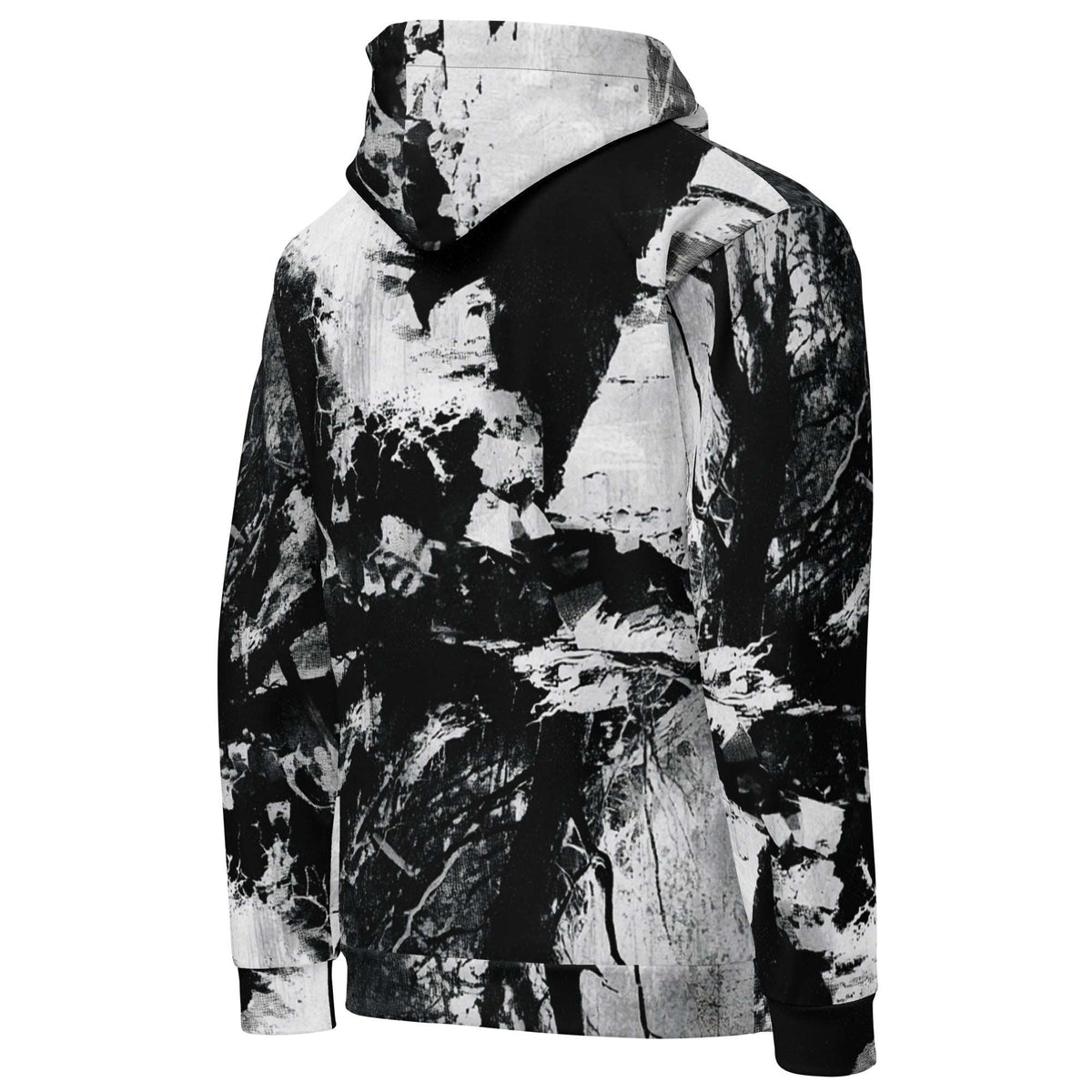 A long-sleeve hooded sweatshirt with a black and white abstract bark or wood-grain print, shown from the back on a white background.