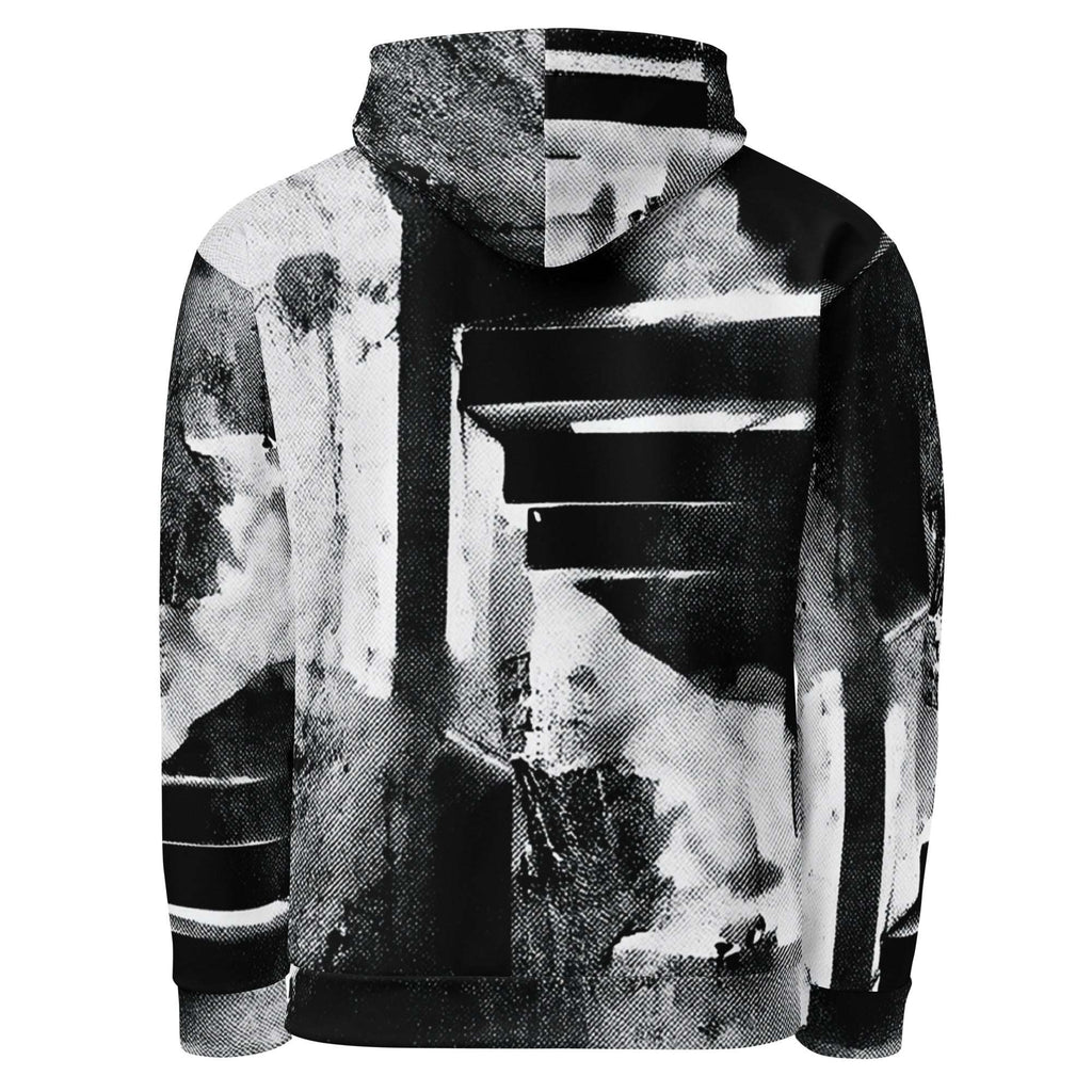 A black and white pullover hoodie featuring an abstract, high-contrast graffiti-style graphic print on the back, shown against a plain white background.