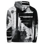 A black and white pullover hoodie featuring an abstract, high-contrast graffiti-style graphic print on the back, shown against a plain white background.