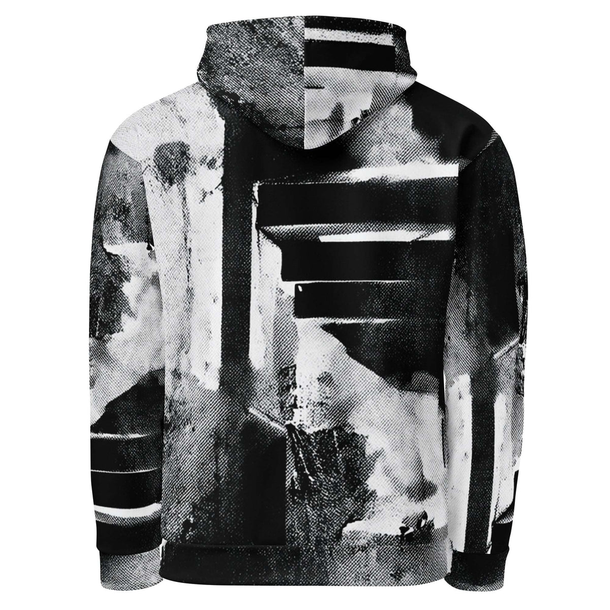 A black and white pullover hoodie featuring an abstract, high-contrast graffiti-style graphic print on the back, shown against a plain white background.