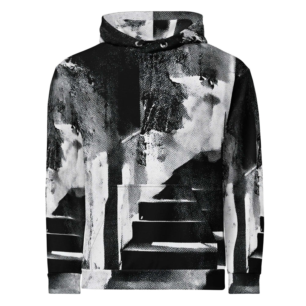 A black and white pullover hoodie featuring an abstract, high-contrast architectural staircase print on a plain white background.