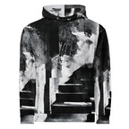 A black and white pullover hoodie featuring an abstract, high-contrast architectural staircase print on a plain white background.