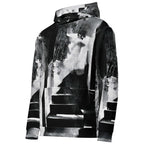 A black and white pullover hoodie featuring an abstract, high-contrast graphic print of stairs and smoke-like textures, shown on a plain white background.