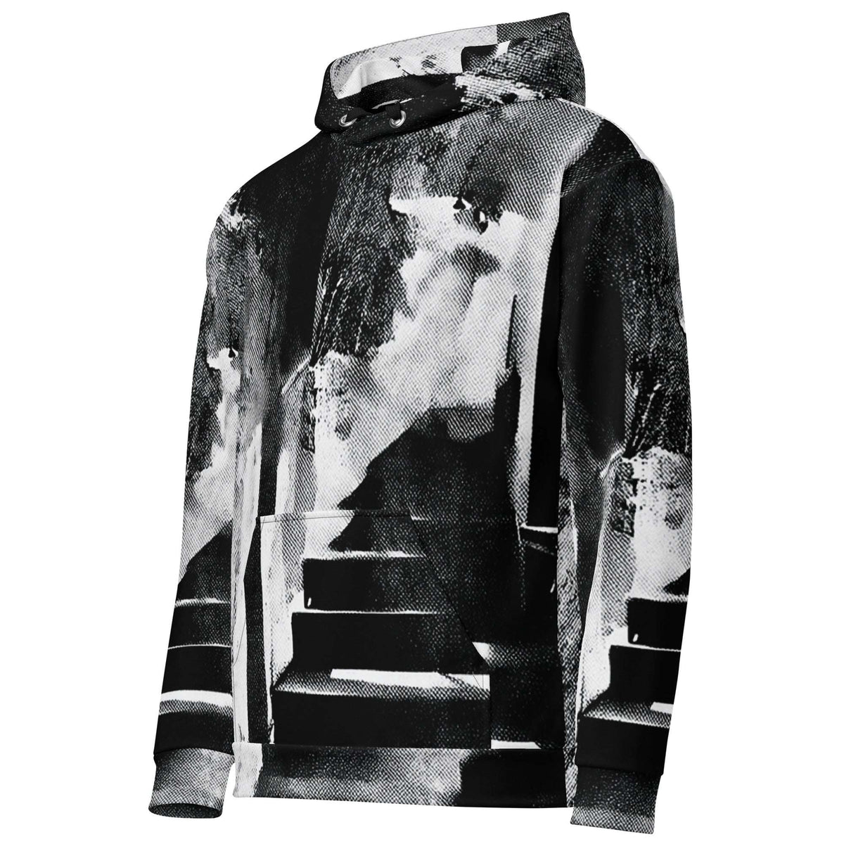 A black and white pullover hoodie featuring an abstract, high-contrast graphic print of stairs and smoke-like textures, shown on a plain white background.