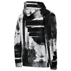 A black and white hooded sweatshirt with an abstract, high-contrast graffiti-style print, shown from the back on a plain white background.