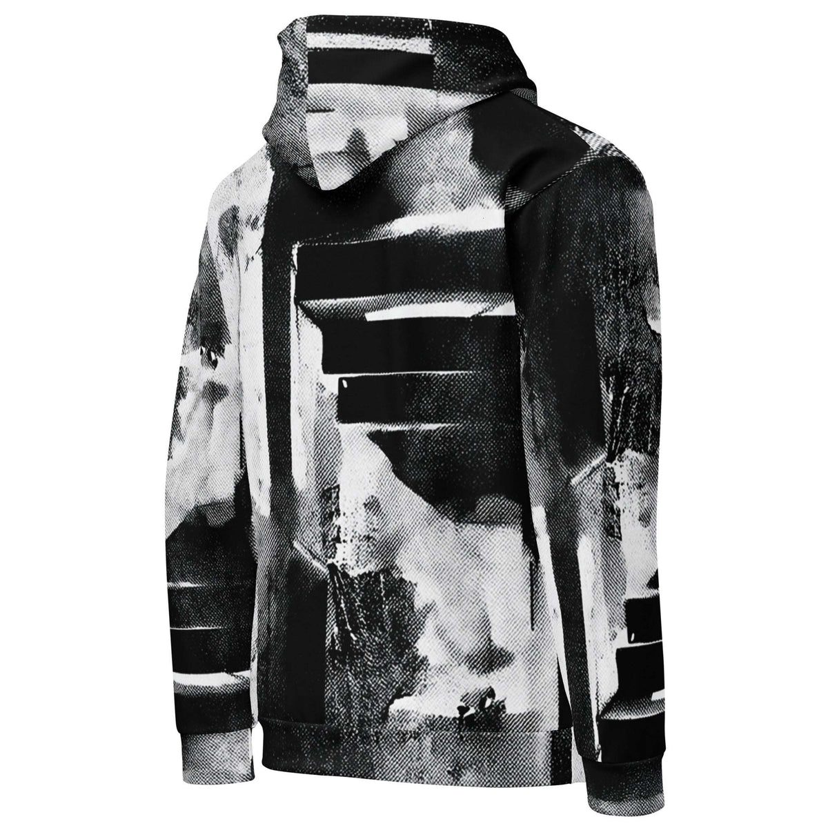 A black and white hooded sweatshirt with an abstract, high-contrast graffiti-style print, shown from the back on a plain white background.