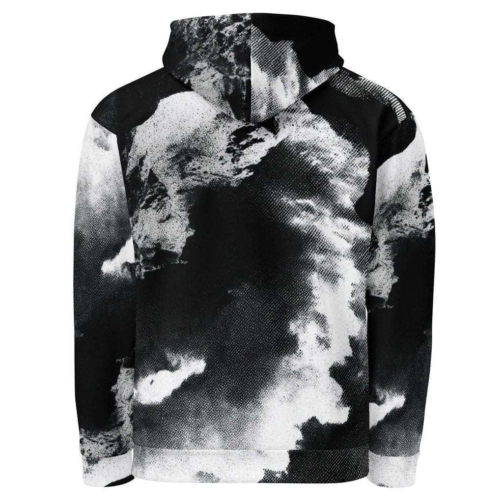 A black and white hooded sweatshirt with an abstract cloud-like halftone print, shown from the back on a plain white background.
