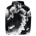 A black and white hooded sweatshirt with an abstract cloud-like halftone print, shown from the back on a plain white background.