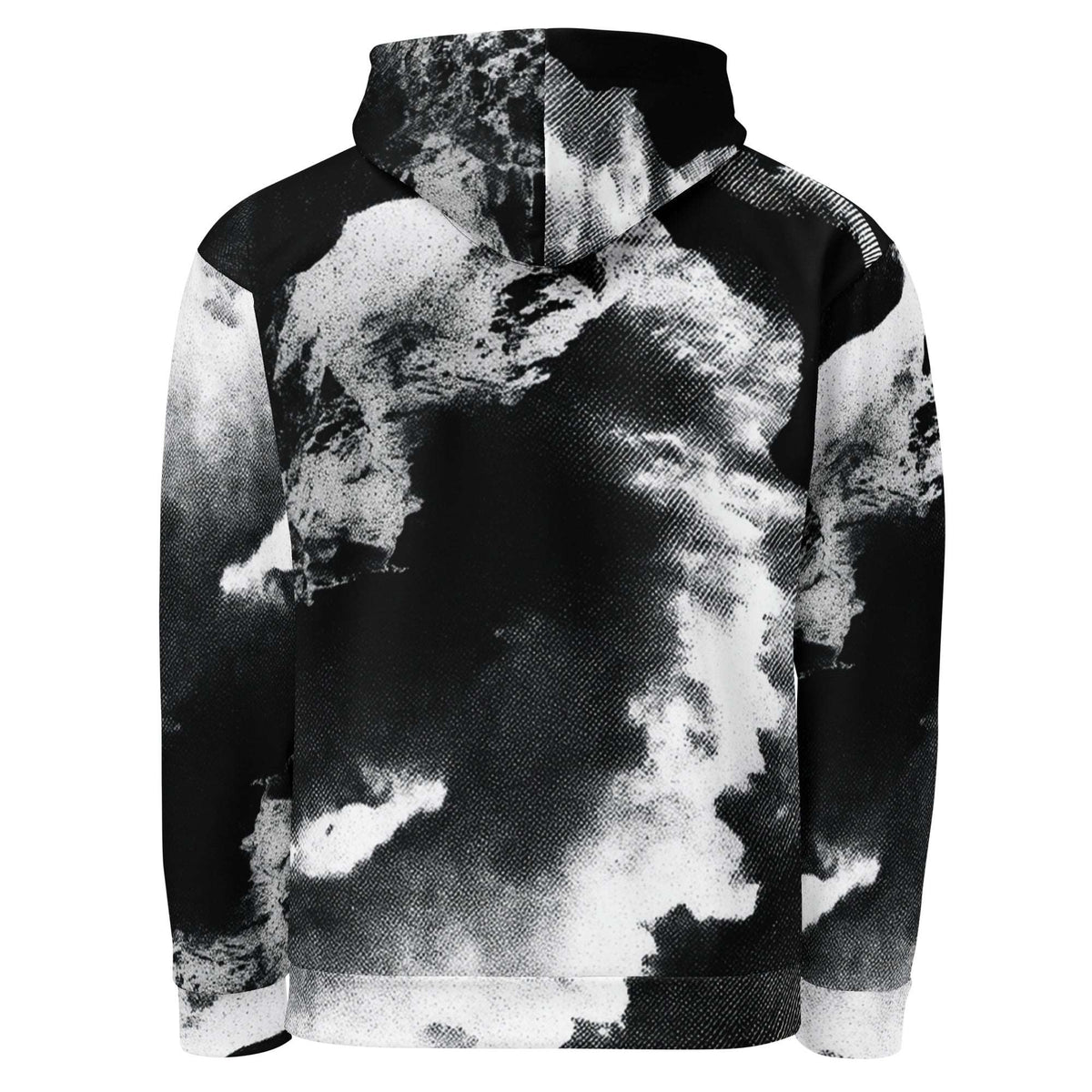 A black and white hooded sweatshirt with an abstract cloud-like halftone print, shown from the back on a plain white background.