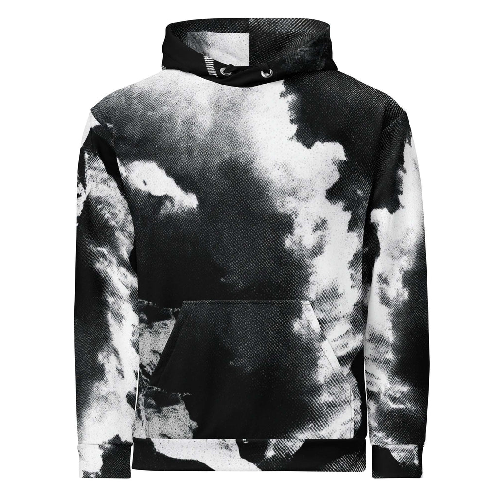 A black and white cloud-patterned hoodie with a textured, halftone print, featuring a front kangaroo pocket and drawstring hood, shown against a plain white background.