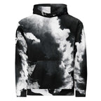 A black and white cloud-patterned hoodie with a textured, halftone print, featuring a front kangaroo pocket and drawstring hood, shown against a plain white background.