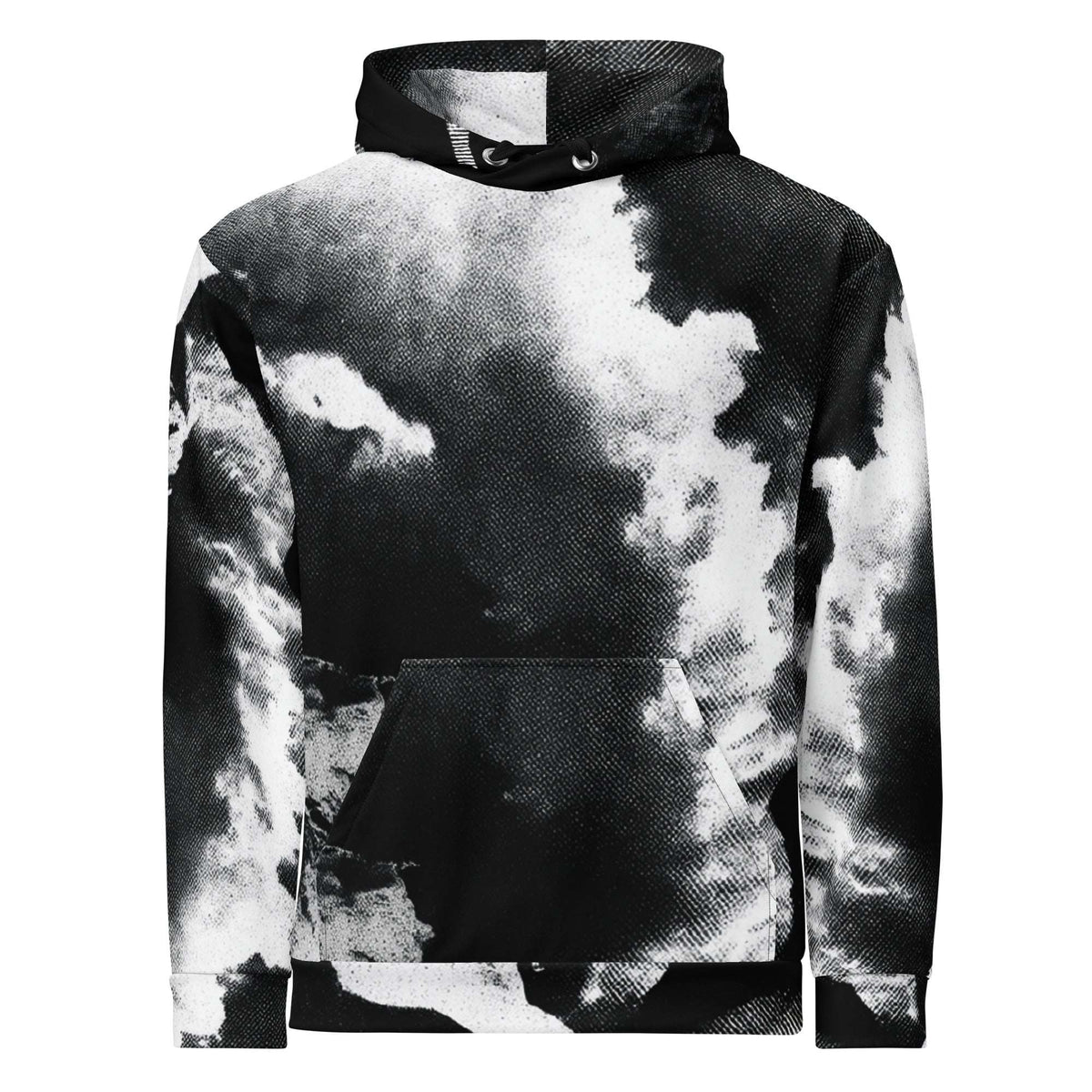 A black and white cloud-patterned hoodie with a textured, halftone print, featuring a front kangaroo pocket and drawstring hood, shown against a plain white background.