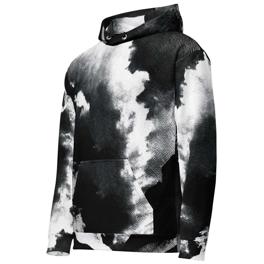 A black and white cloud-patterned hoodie with a textured, mesh-like print, featuring a front kangaroo pocket and drawstring hood, shown on a plain white background.