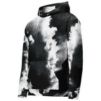 A black and white cloud-patterned hoodie with a textured, mesh-like print, featuring a front kangaroo pocket and drawstring hood, shown on a plain white background.