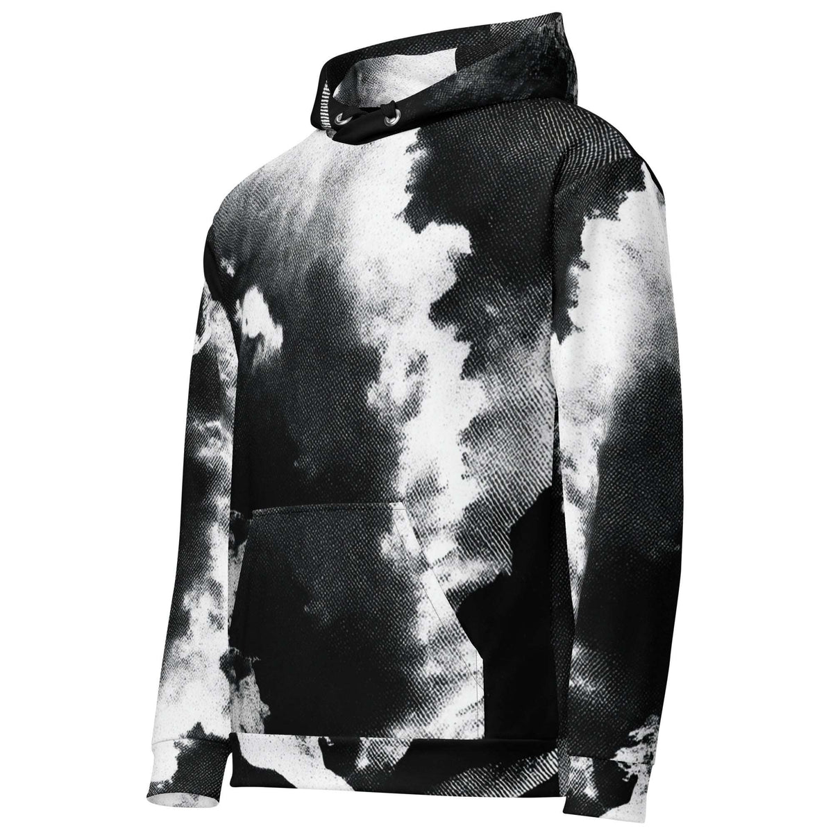 A black and white cloud-patterned hoodie with a textured, mesh-like print, featuring a front kangaroo pocket and drawstring hood, shown on a plain white background.