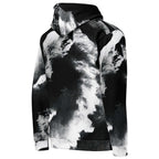 A black and white hooded sweatshirt with an abstract cloud-like print, shown from the back on a white background.