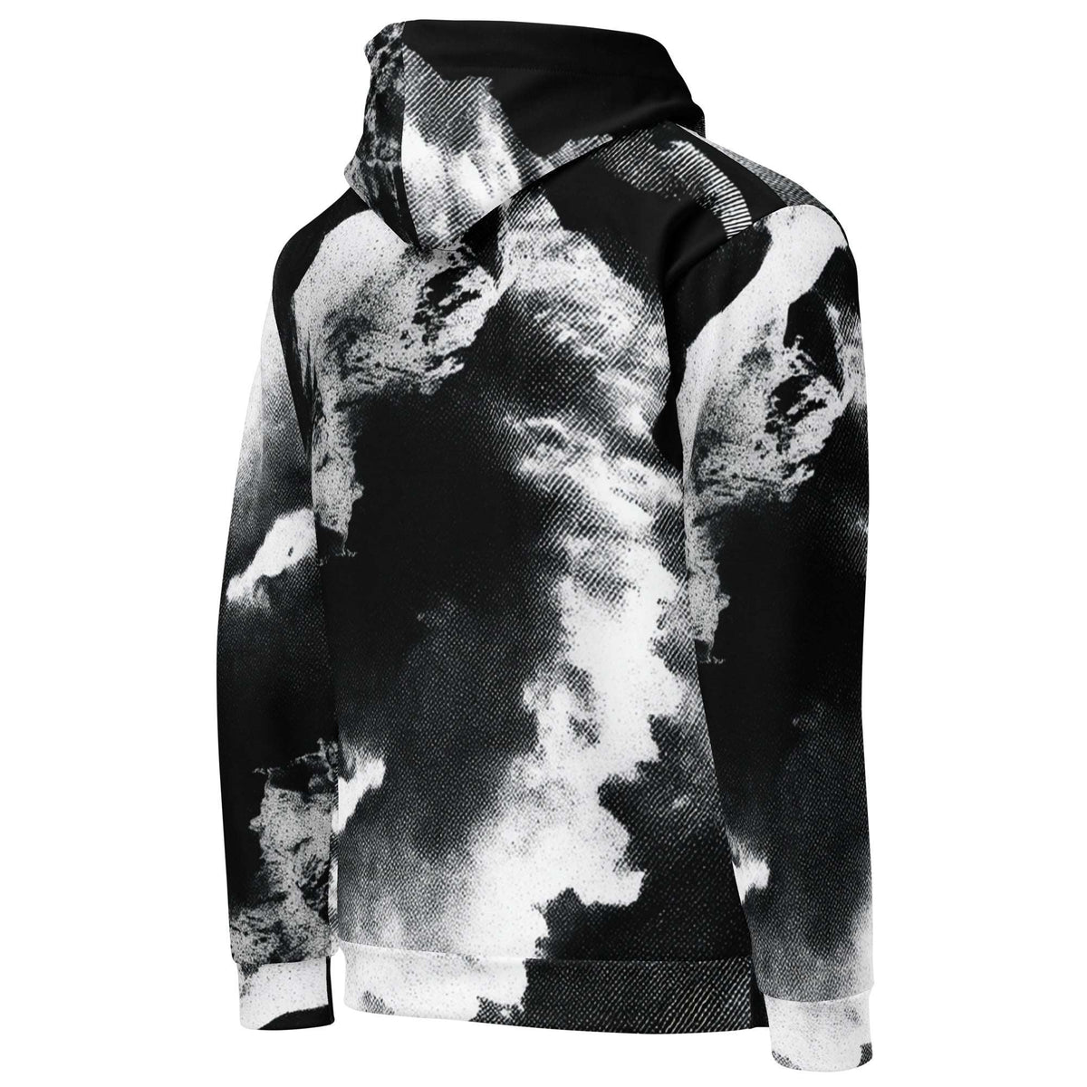 A black and white hooded sweatshirt with an abstract cloud-like print, shown from the back on a white background.