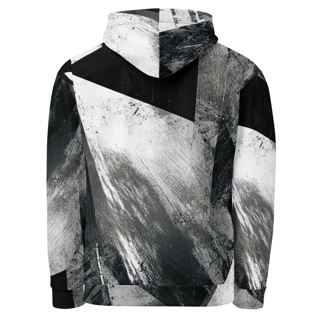 A long-sleeve hooded sweatshirt with a black and white abstract brushstroke and geometric pattern, shown from the back on a plain white background.