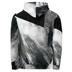 A long-sleeve hooded sweatshirt with a black and white abstract brushstroke and geometric pattern, shown from the back on a plain white background.