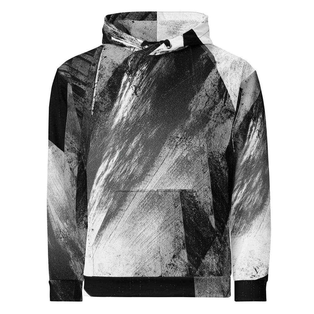 A pullover hoodie featuring a bold black, gray, and white abstract brushstroke and geometric pattern, shown against a plain white background.