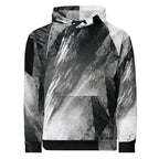 A pullover hoodie featuring a bold black, gray, and white abstract brushstroke and geometric pattern, shown against a plain white background.