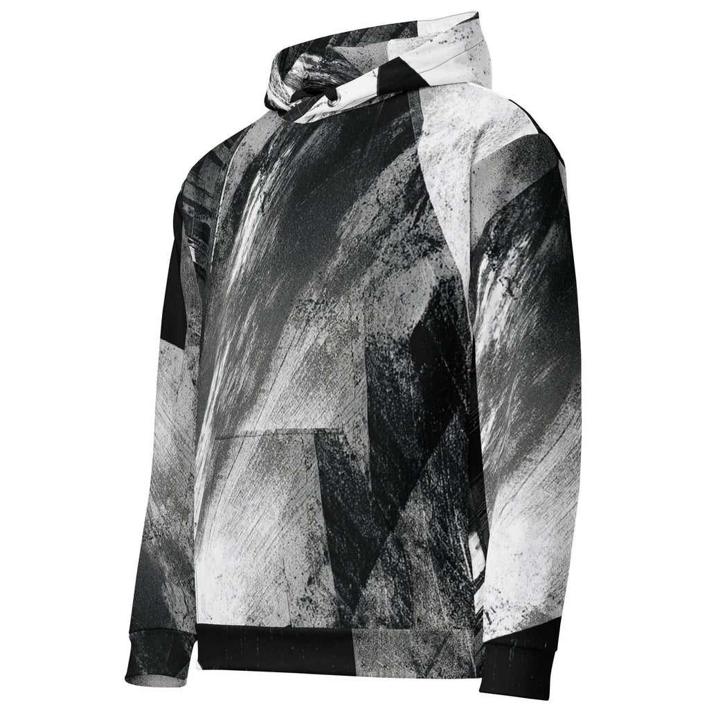 A long-sleeve pullover hoodie featuring an abstract, high-contrast black, white, and gray brushstroke and geometric pattern, shown against a plain white background.