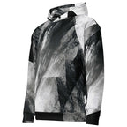 A long-sleeve pullover hoodie featuring an abstract, high-contrast black, white, and gray brushstroke and geometric pattern, shown against a plain white background.