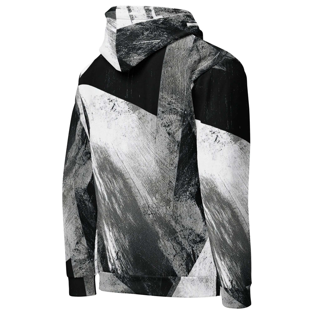A long-sleeve hooded sweatshirt with a bold black, white, and gray abstract brushstroke and geometric pattern, shown from the back on a plain white background.